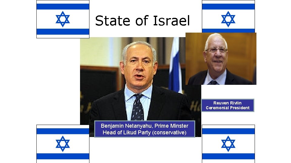 State of Israel Reuven Rivlin Ceremonial President Benjamin Netanyahu, Prime Minster Head of Likud