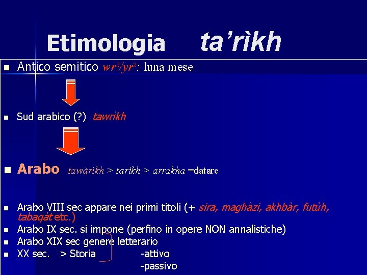 Etimologia n Antico semitico wr²/yr²: luna mese n Sud arabico (? ) tawrìkh n