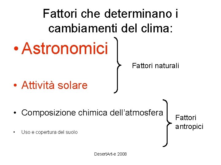 Fattori che determinano i cambiamenti del clima: • Astronomici Fattori naturali • Attività solare