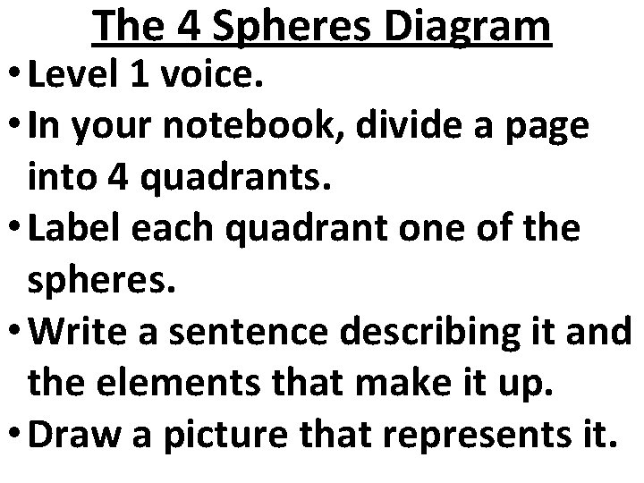 The 4 Spheres Diagram • Level 1 voice. • In your notebook, divide a