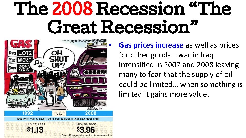 The 2008 Recession “The Great Recession” ▪ Gas prices increase as well as prices