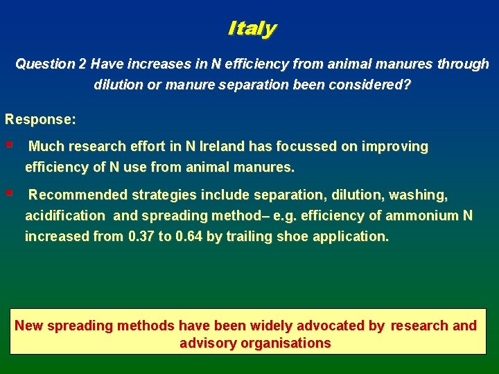Italy Question 2 Have increases in N efficiency from animal manures through dilution or