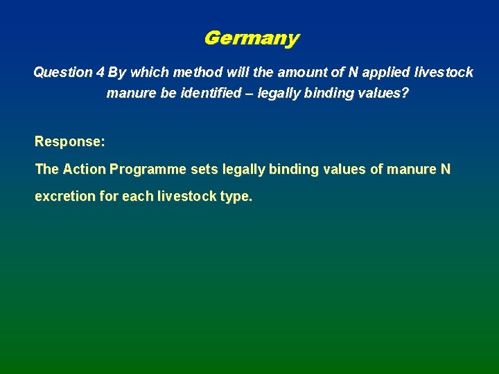 Germany Question 4 By which method will the amount of N applied livestock manure