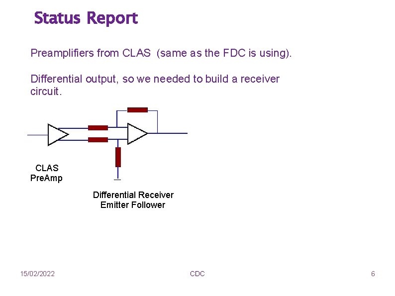 Status Report Preamplifiers from CLAS (same as the FDC is using). Differential output, so