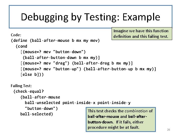 Debugging by Testing: Example Imagine we have this function Code: definition and this failing