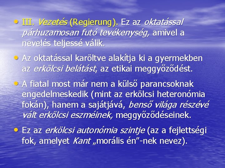  • III. Vezetés (Regierung). Ez az oktatással párhuzamosan futó tevékenység, amivel a nevelés