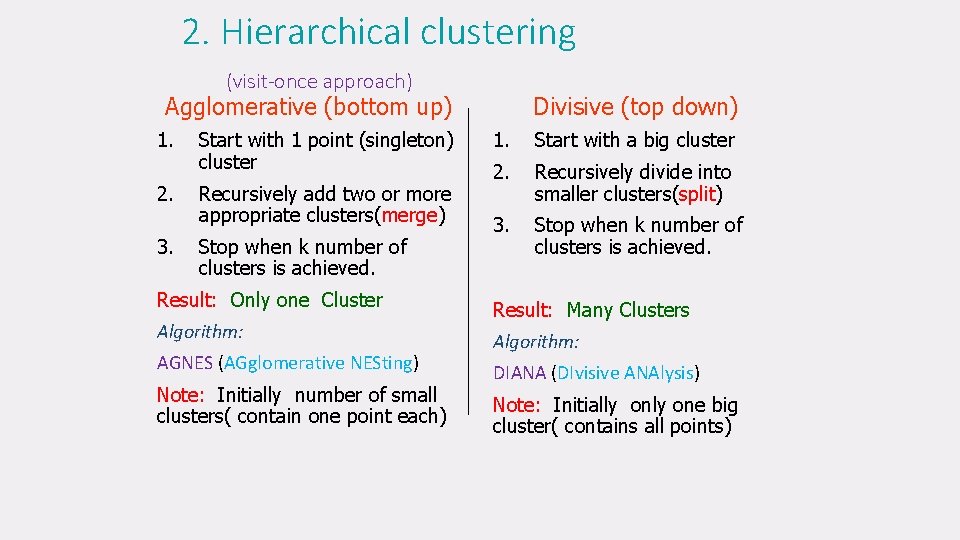 2. Hierarchical clustering (visit-once approach) Agglomerative (bottom up) 1. 2. 3. Start with 1