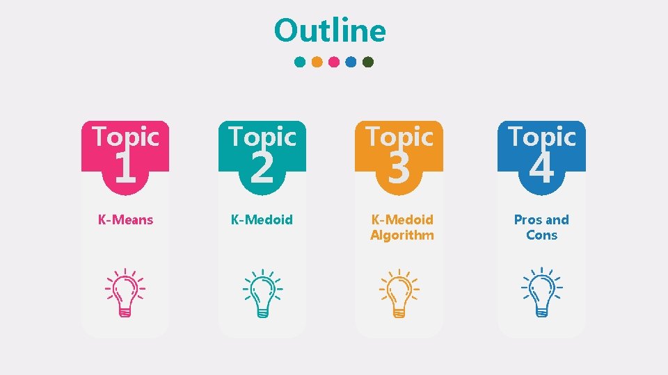 Outline Topic K-Means K-Medoid Algorithm Pros and Cons 1 2 3 4 