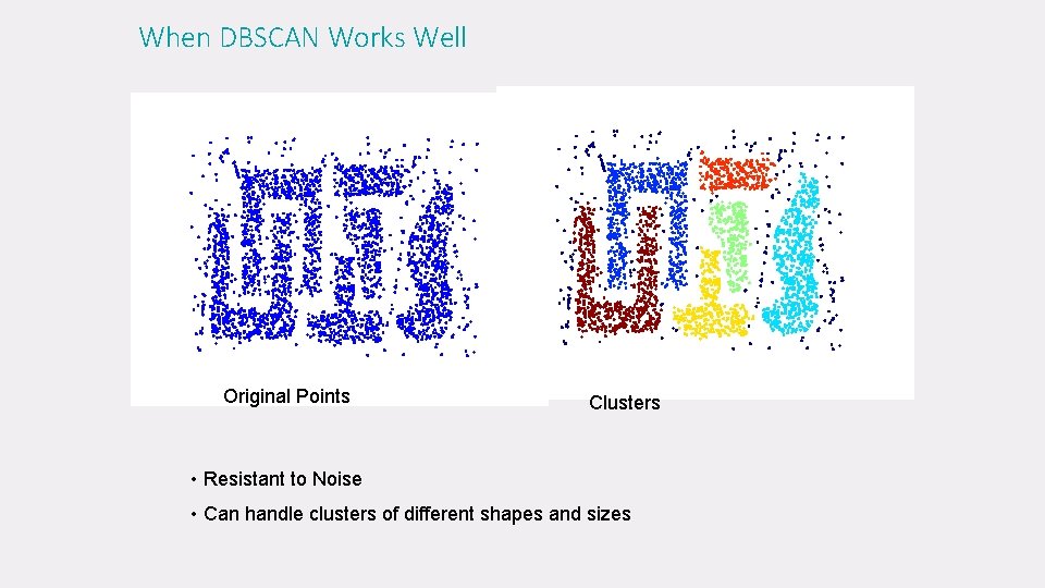 When DBSCAN Works Well Original Points Clusters • Resistant to Noise • Can handle