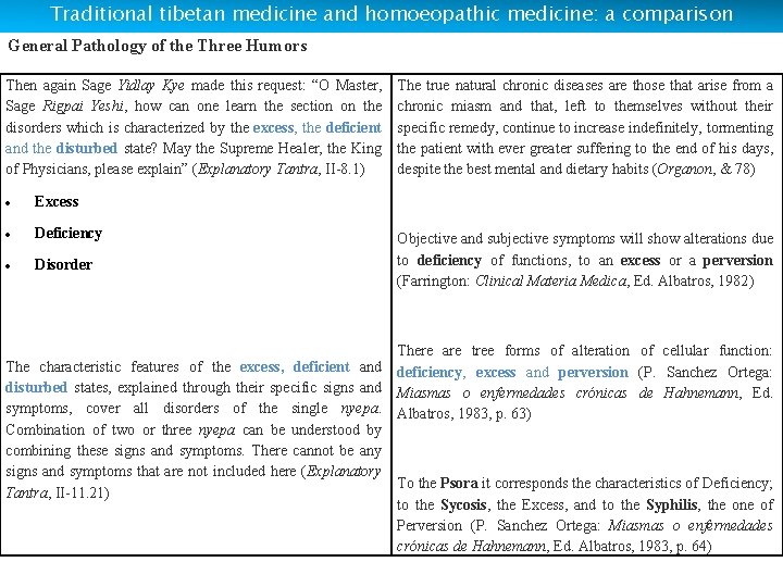 Traditional tibetan medicine and homoeopathic medicine: a comparison General Pathology of the Three Humors