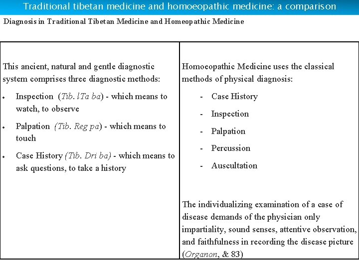 Traditional tibetan medicine and homoeopathic medicine: a comparison Diagnosis in Traditional Tibetan Medicine and