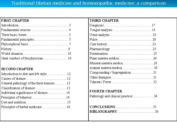 Traditional tibetan medicine and homoeopathic medicine: a comparison FIRST CHAPTER Introduction…………………. . . 3