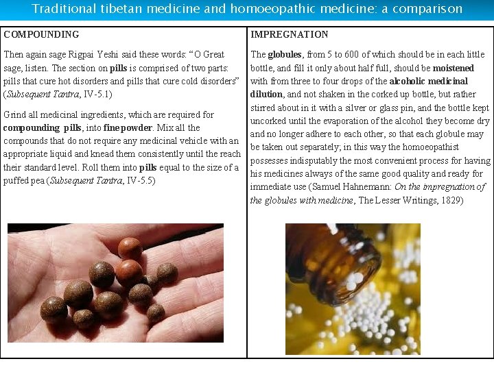 Traditional tibetan medicine and homoeopathic medicine: a comparison COMPOUNDING IMPREGNATION Then again sage Rigpai