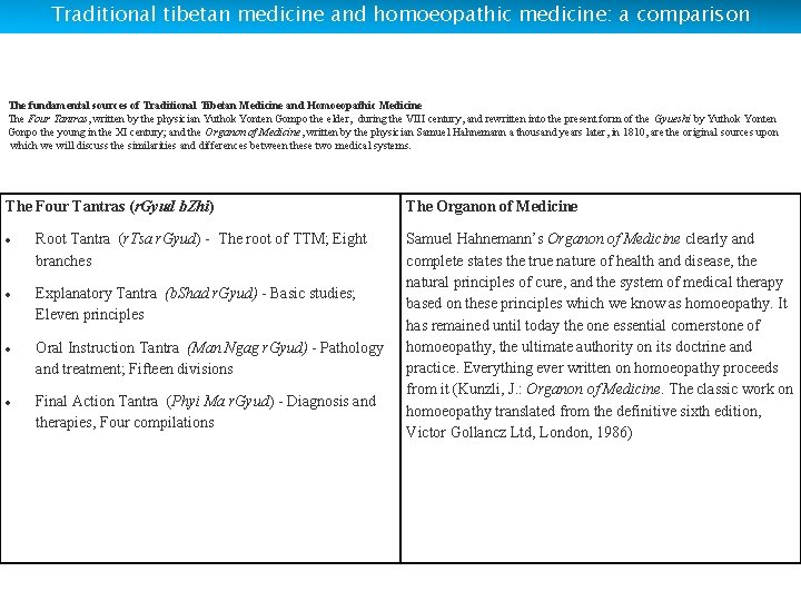 Traditional tibetan medicine and homoeopathic medicine: a comparison The fundamental sources of Traditional Tibetan