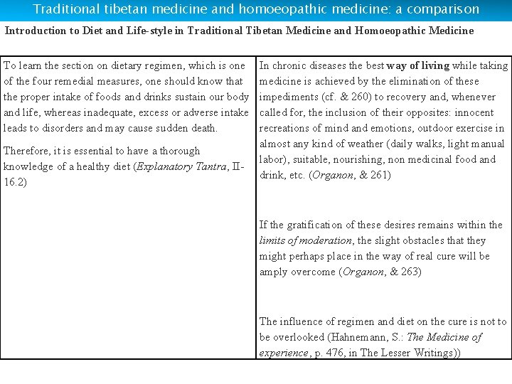 Traditional tibetan medicine and homoeopathic medicine: a comparison Introduction to Diet and Life-style in