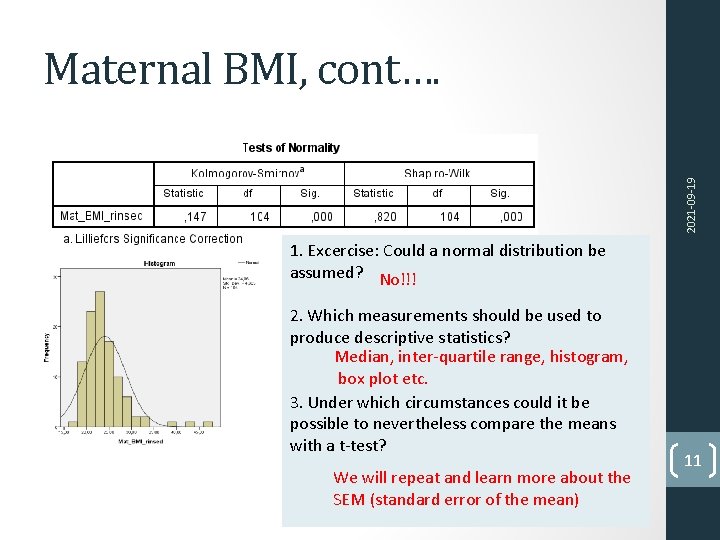 2021 -09 -19 Maternal BMI, cont…. 1. Excercise: Could a normal distribution be assumed?