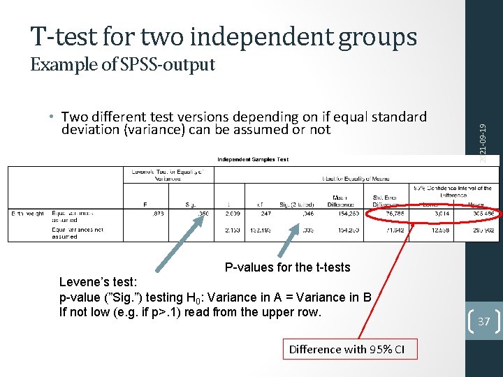T-test for two independent groups • Two different test versions depending on if equal