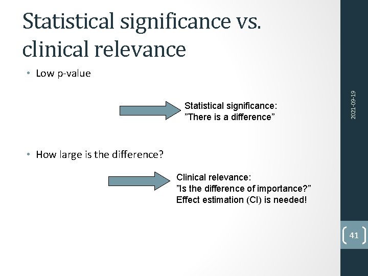 Statistical significance vs. clinical relevance Statistical significance: ”There is a difference” 2021 -09 -19