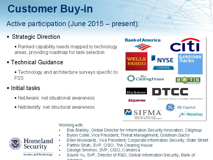 Customer Buy-in Active participation (June 2015 – present): Strategic Direction Ranked capability needs mapped