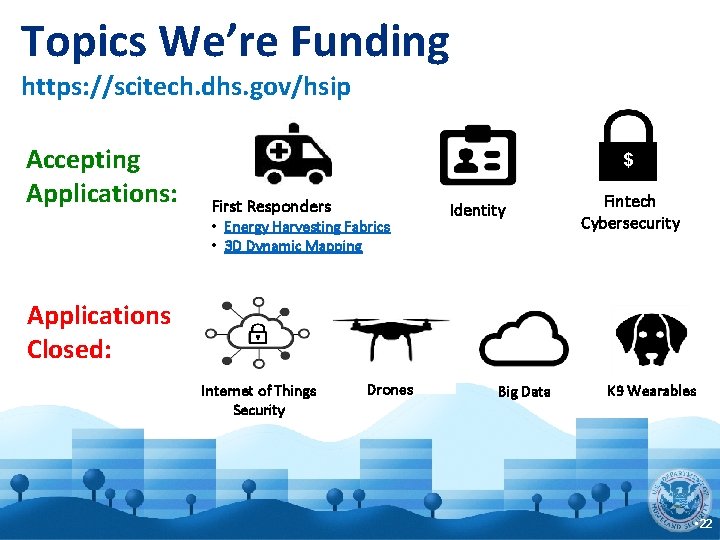 Topics We’re Funding https: //scitech. dhs. gov/hsip Accepting Applications: $ First Responders • Energy