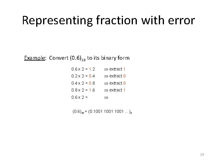 Representing fraction with error Example: Convert (0. 6)10 to its binary form 0. 6