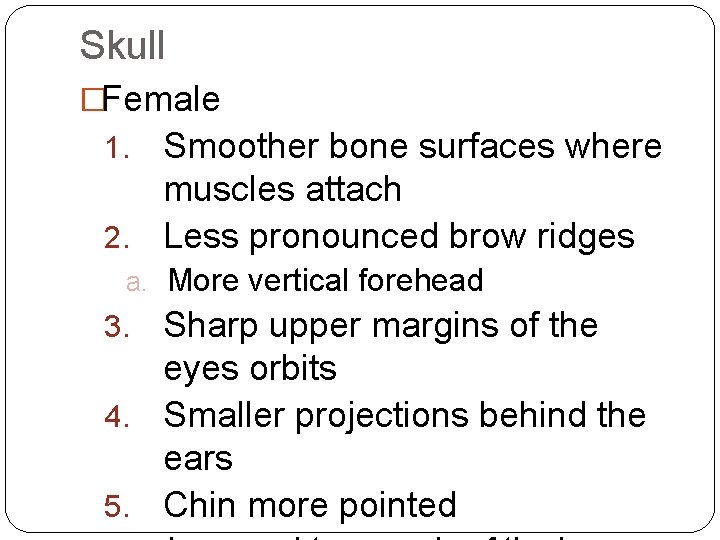Skull �Female Smoother bone surfaces where muscles attach 2. Less pronounced brow ridges 1.