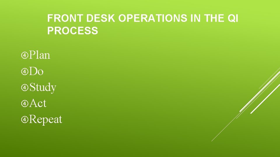FRONT DESK OPERATIONS IN THE QI PROCESS Plan Do Study Act Repeat 