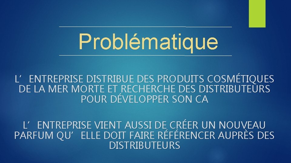 Problématique L’ENTREPRISE DISTRIBUE DES PRODUITS COSMÉTIQUES DE LA MER MORTE ET RECHERCHE DES DISTRIBUTEURS