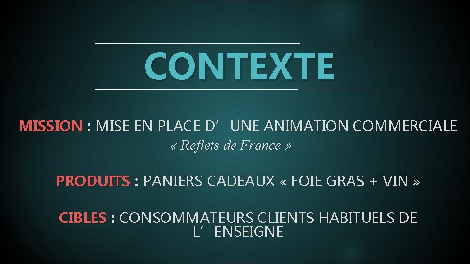 CONTEXTE MISSION : MISE EN PLACE D’UNE ANIMATION COMMERCIALE « Reflets de France »