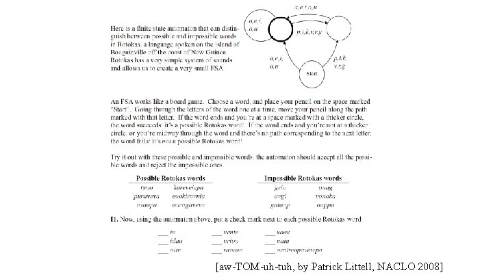 [aw-TOM-uh-tuh, by Patrick Littell, NACLO 2008] 