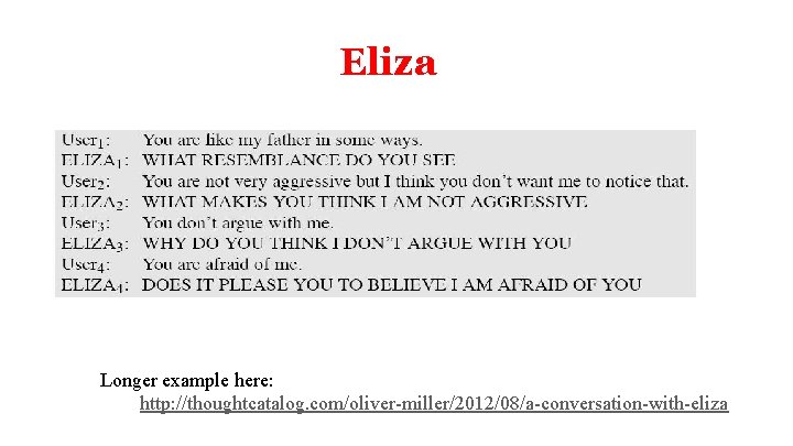 Eliza Longer example here: http: //thoughtcatalog. com/oliver-miller/2012/08/a-conversation-with-eliza 