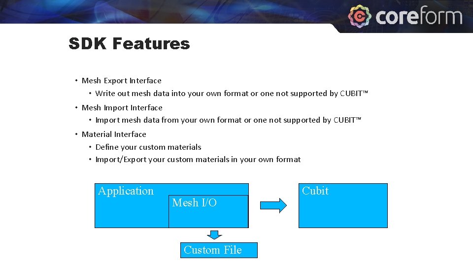 SDK Features • Mesh Export Interface • Write out mesh data into your own
