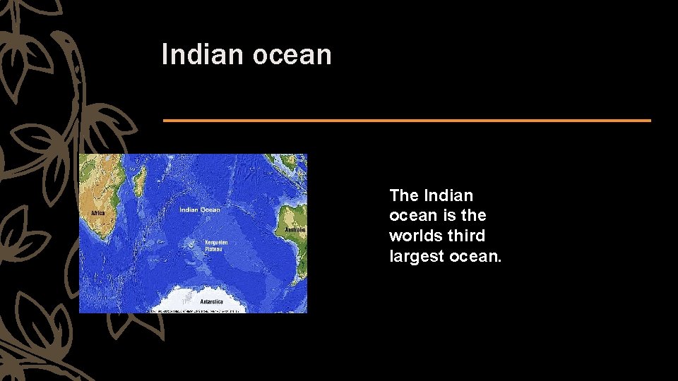 Indian ocean The Indian ocean is the worlds third largest ocean. 