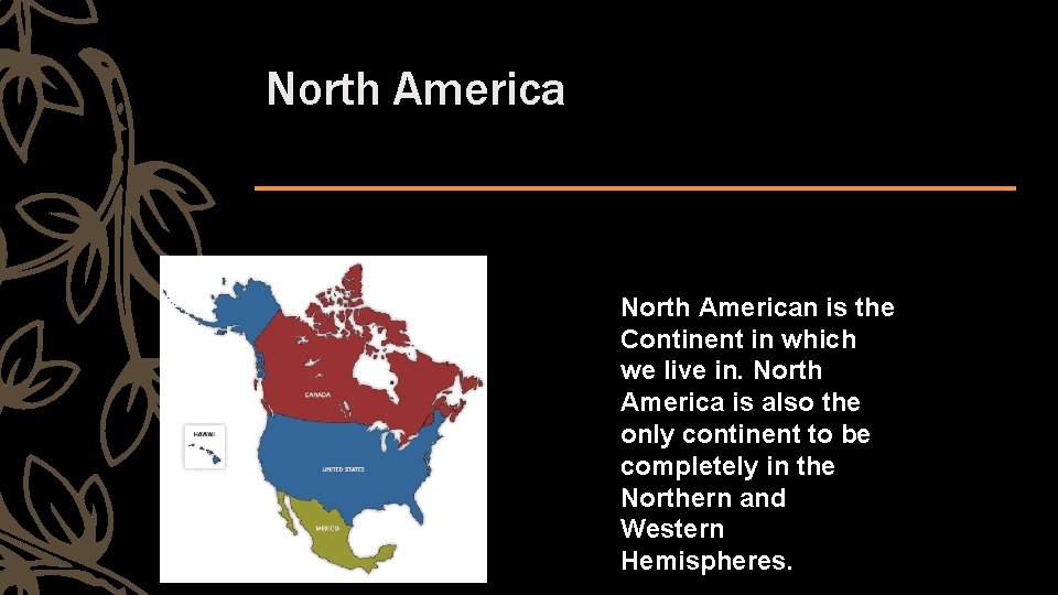 North American is the Continent in which we live in. North America is also