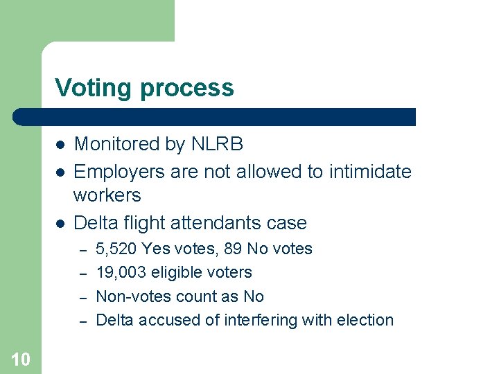 Voting process l l l Monitored by NLRB Employers are not allowed to intimidate
