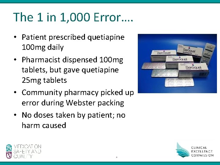 The 1 in 1, 000 Error…. • Patient prescribed quetiapine 100 mg daily •