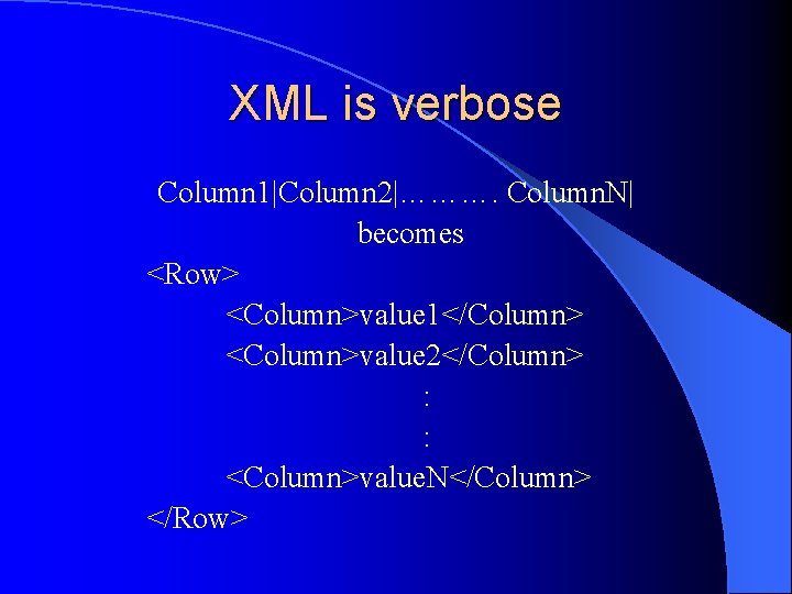 XML is verbose Column 1|Column 2|………. Column. N| becomes <Row> <Column>value 1</Column> <Column>value 2</Column>