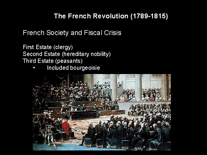 The French Revolution (1789 -1815) French Society and Fiscal Crisis First Estate (clergy) Second