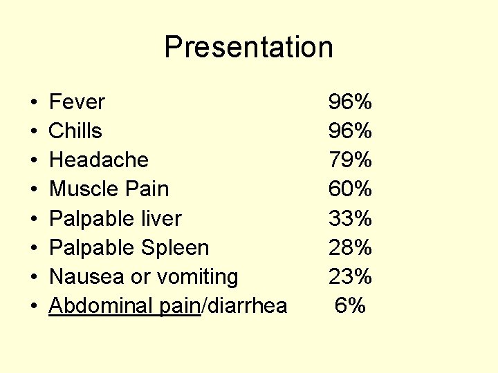 Presentation • • Fever Chills Headache Muscle Pain Palpable liver Palpable Spleen Nausea or