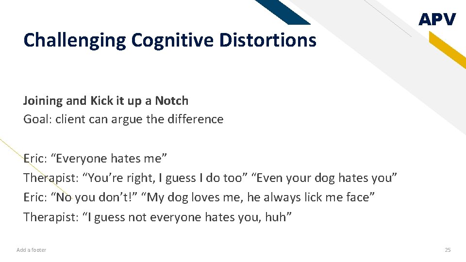 Challenging Cognitive Distortions APV Joining and Kick it up a Notch Goal: client can