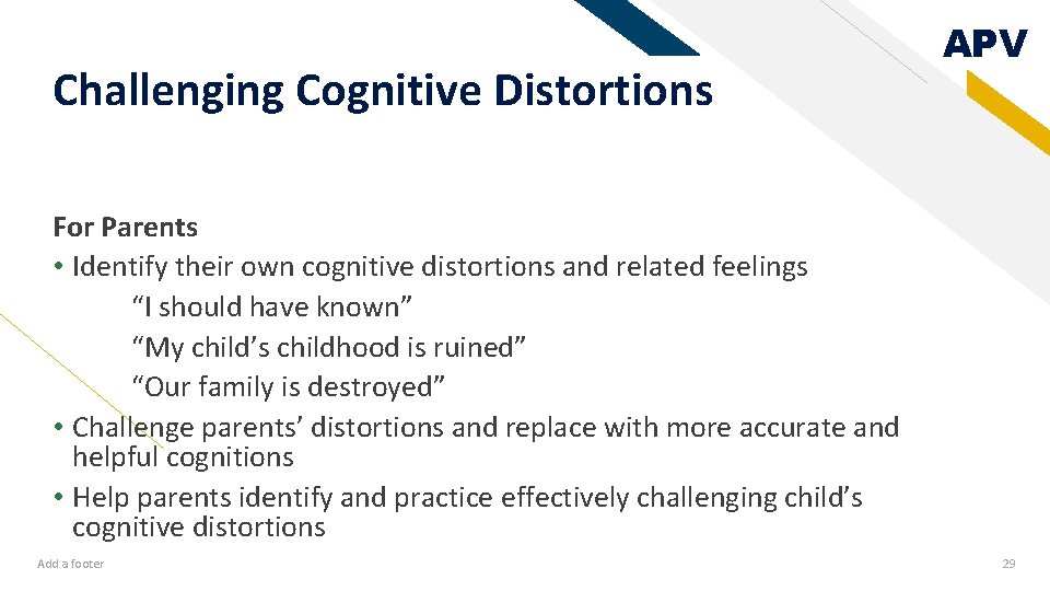 Challenging Cognitive Distortions APV For Parents • Identify their own cognitive distortions and related