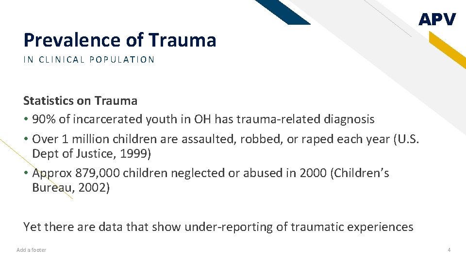 Prevalence of Trauma APV IN CLINICAL POPULATION Statistics on Trauma • 90% of incarcerated