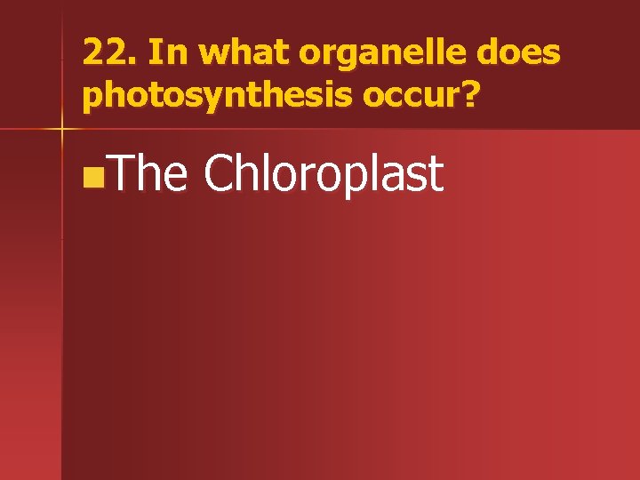 22. In what organelle does photosynthesis occur? n. The Chloroplast 