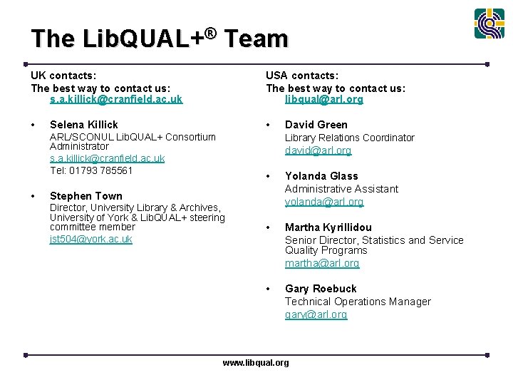 The Lib. QUAL+® Team UK contacts: The best way to contact us: s. a.