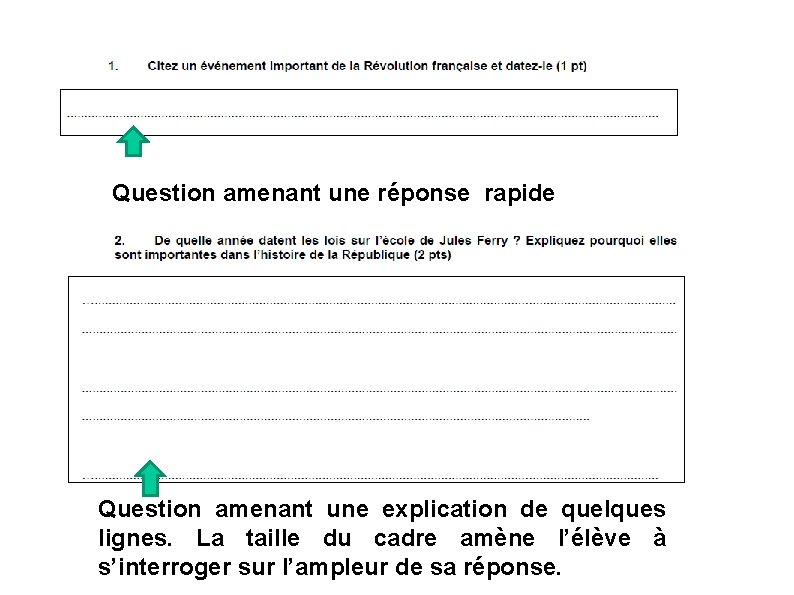 Question amenant une réponse rapide Question amenant une explication de quelques lignes. La taille