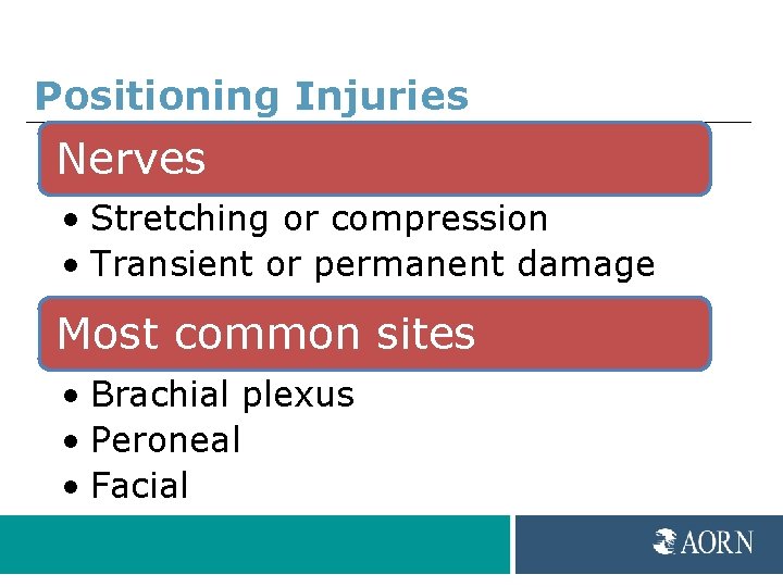 Positioning Injuries Nerves • Stretching or compression • Transient or permanent damage Most common