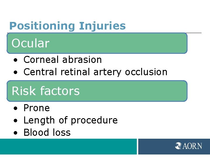 Positioning Injuries Ocular • Corneal abrasion • Central retinal artery occlusion Risk factors •