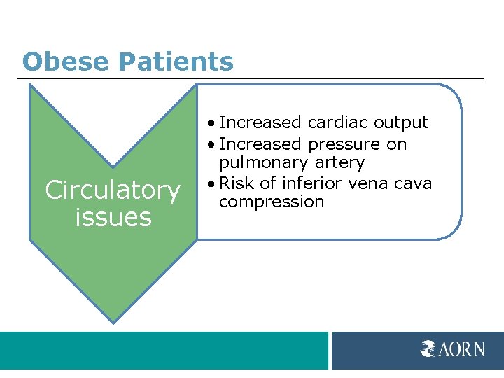 Obese Patients Circulatory issues • Increased cardiac output • Increased pressure on pulmonary artery