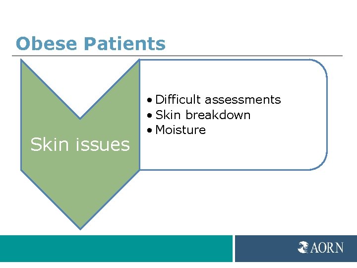 Obese Patients Skin issues • Difficult assessments • Skin breakdown • Moisture 
