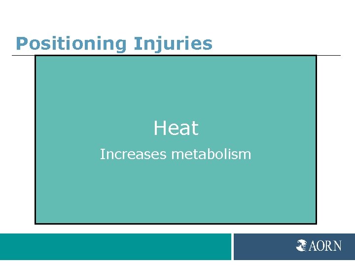 Positioning Injuries Heat Increases metabolism 